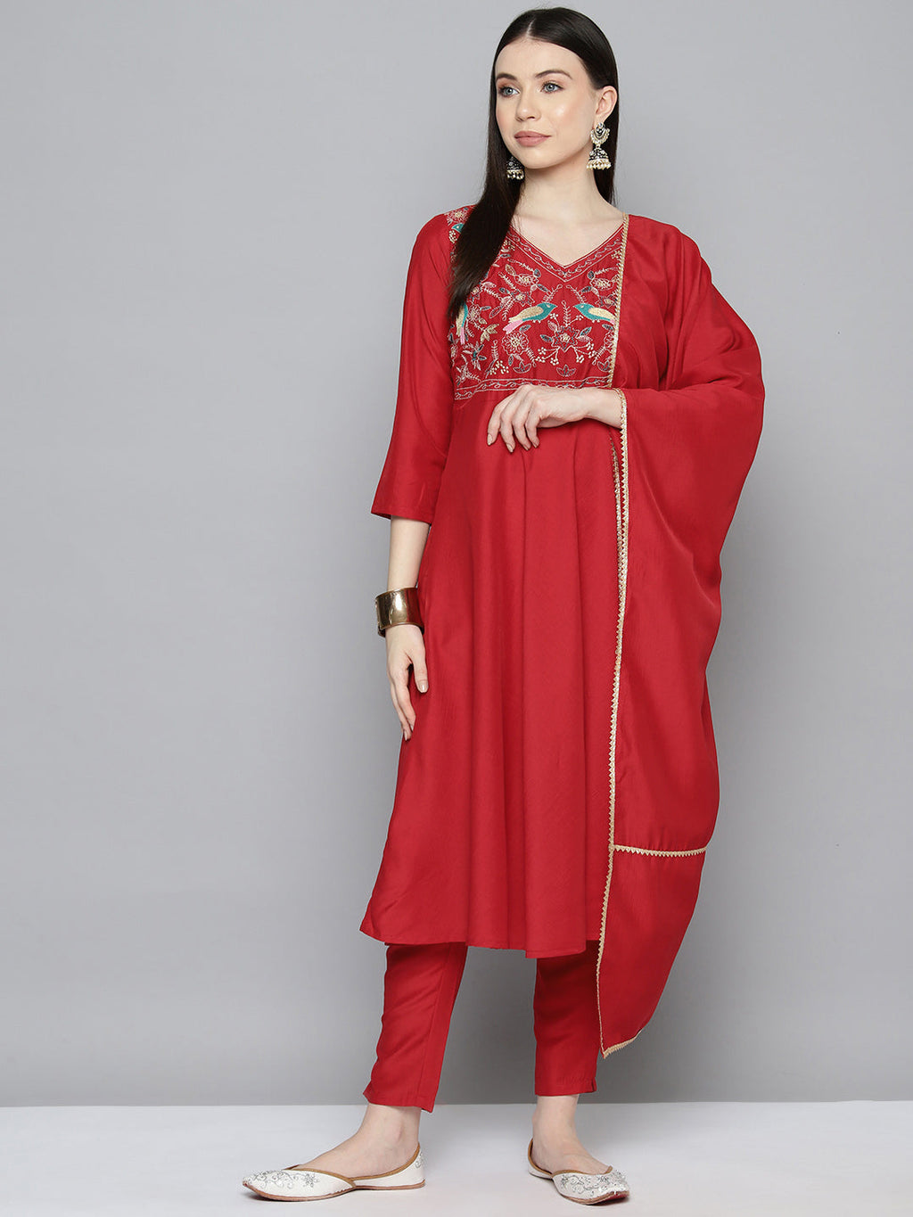 Jompers Women's Embroidered Silk Flared kurta,pant with dupatta set - Red | Grocsy