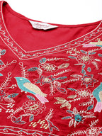 Jompers Women's Embroidered Silk Flared kurta,pant with dupatta set - Red | Grocsy