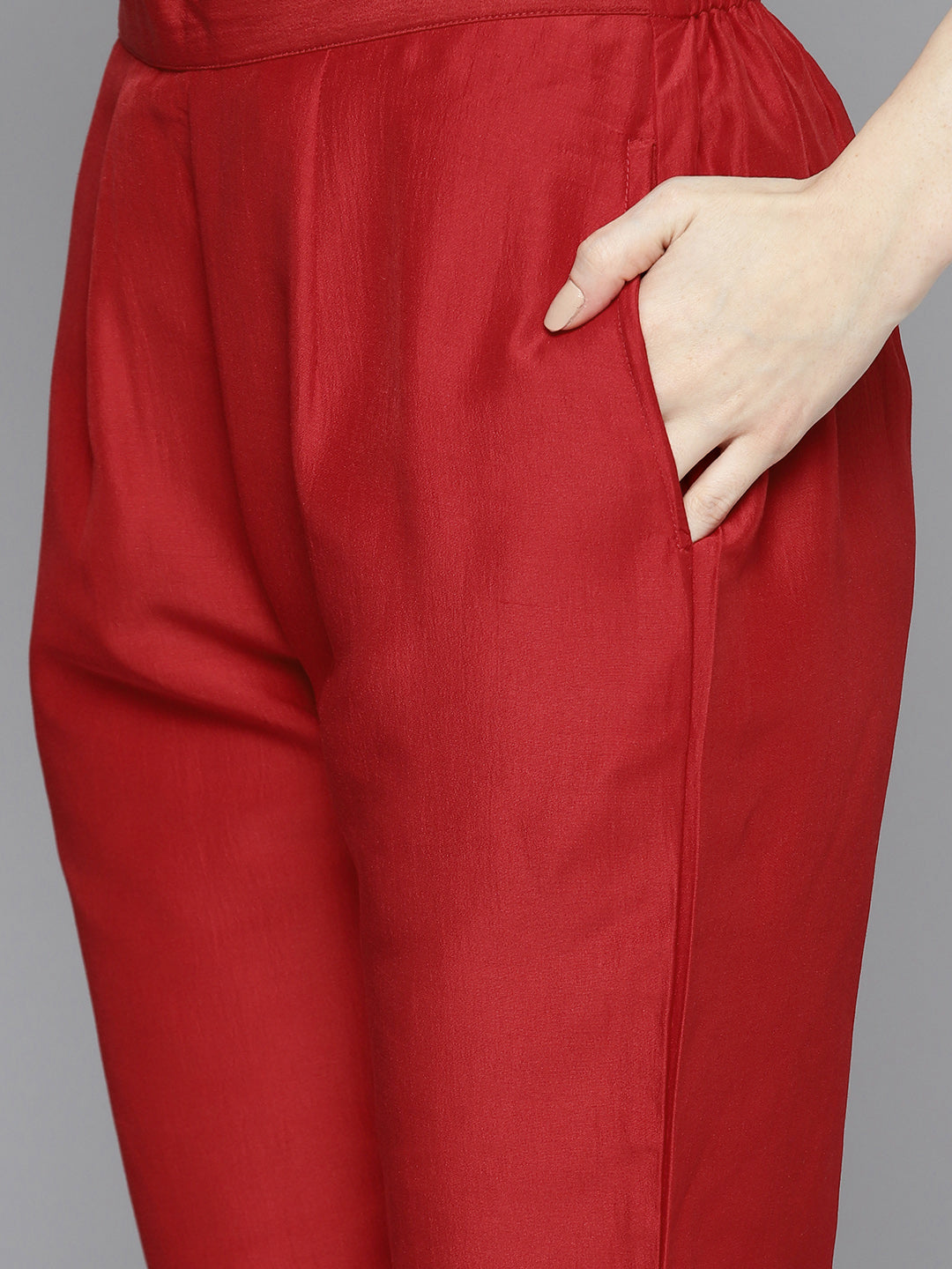 Jompers Women's Embroidered Silk Flared kurta,pant with dupatta set - Red | Grocsy
