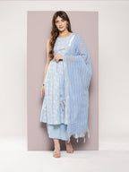 Jompers Women's Printed flared kurta palazzo dupatta set - Blue | Grocsy