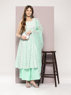 Jompers Women's Printed flared kurta palazzo dupatta set - Green | Grocsy