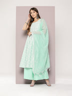 Jompers Women's Printed flared kurta palazzo dupatta set - Green | Grocsy