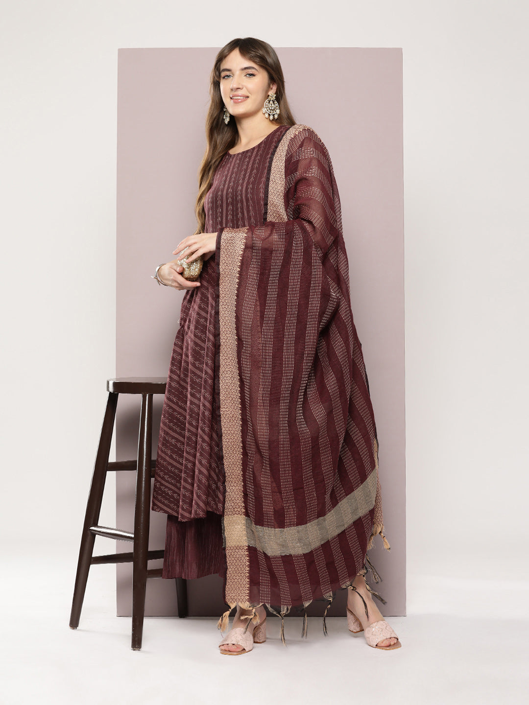 Jompers Women's Jacquard flared kurta palazzo dupatta set - Maroon | Grocsy