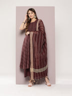 Jompers Women's Jacquard flared kurta palazzo dupatta set - Maroon | Grocsy