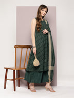 Jompers Women's Jacquard flared kurta palazzo dupatta set - Olive | Grocsy