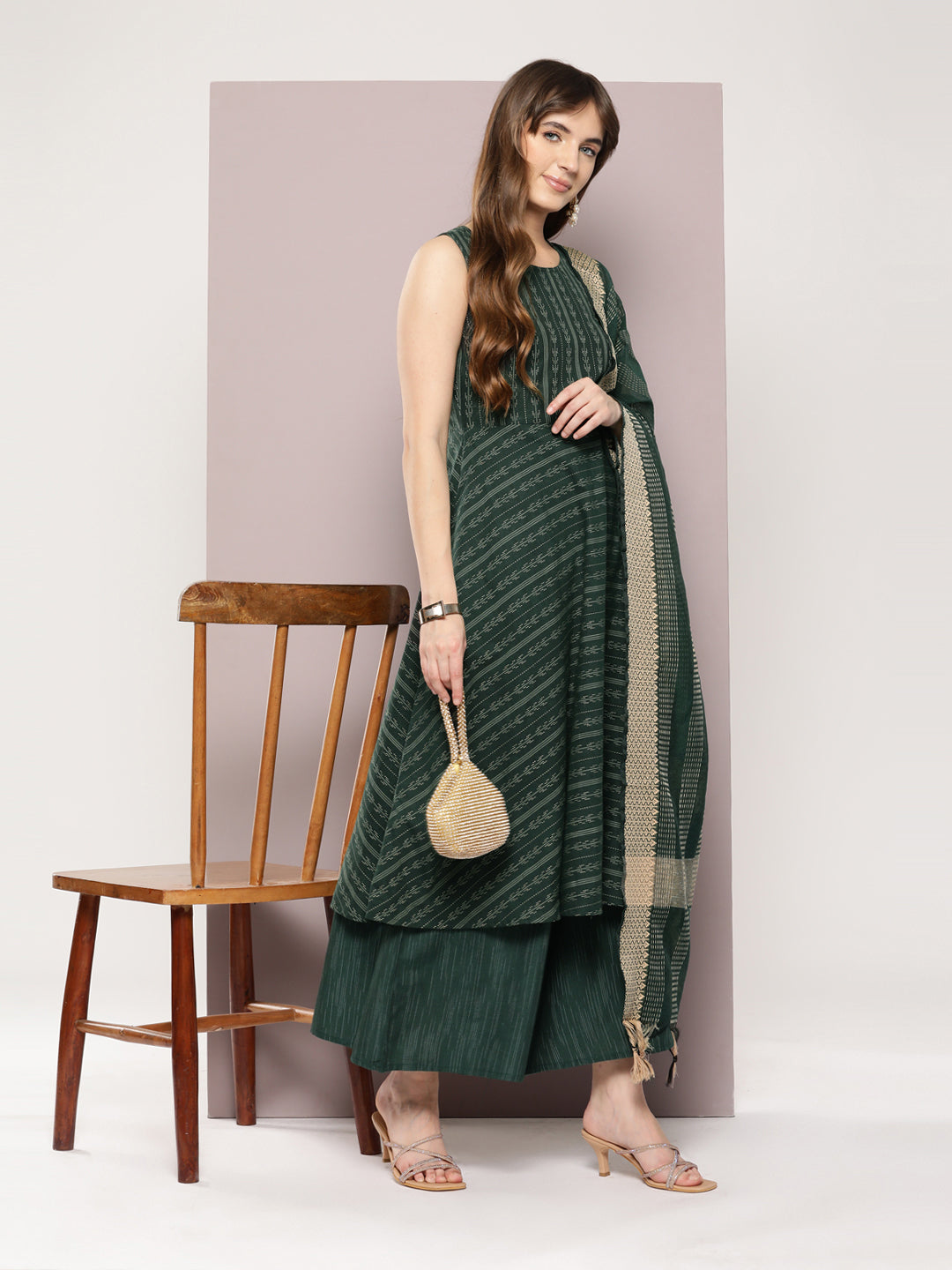 Jompers Women's Jacquard flared kurta palazzo dupatta set - Olive | Grocsy