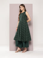 Jompers Women's Jacquard flared kurta palazzo dupatta set - Olive | Grocsy