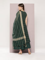 Jompers Women's Jacquard flared kurta palazzo dupatta set - Olive | Grocsy