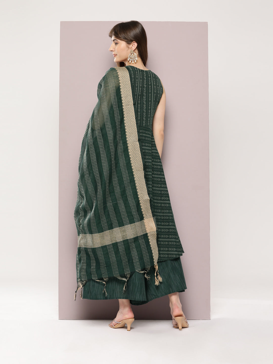 Jompers Women's Jacquard flared kurta palazzo dupatta set - Olive | Grocsy
