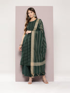 Jompers Women's Jacquard flared kurta palazzo dupatta set - Olive | Grocsy