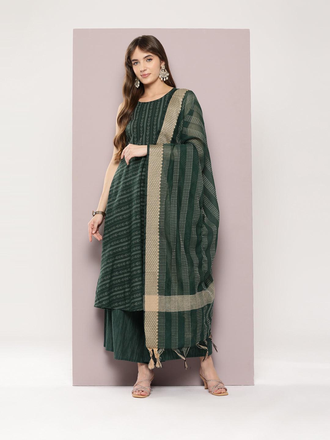 Jompers Women's Jacquard flared kurta palazzo dupatta set - Olive | Grocsy