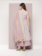 Jompers Women's Printed flared kurta palazzo dupatta set - Purple | Grocsy