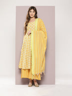 Jompers Women's Printed flared kurta palazzo dupatta set - Yellow | Grocsy