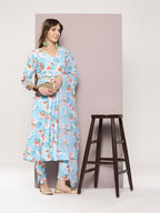 Jompers Women's Mirror work detailing, linen printed flared kurta with trousers and dupatta - Grey | Grocsy