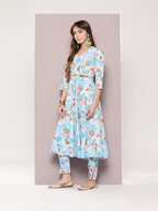 Jompers Women's Mirror work detailing, linen printed flared kurta with trousers and dupatta - Grey | Grocsy