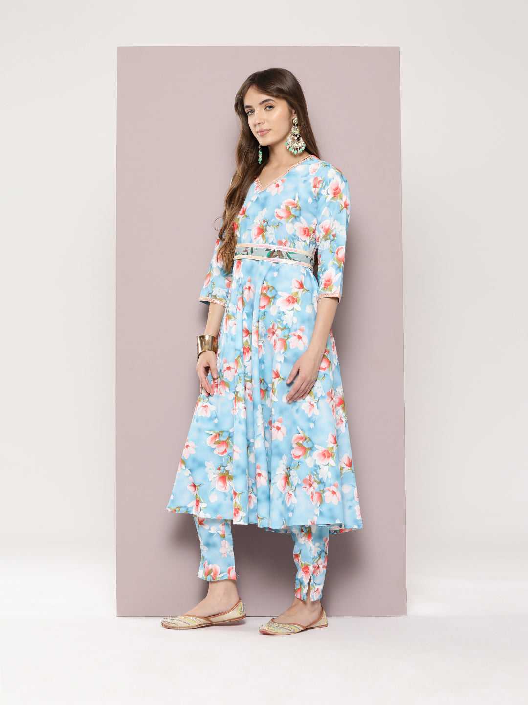 Jompers Women's Mirror work detailing, linen printed flared kurta with trousers and dupatta - Grey | Grocsy