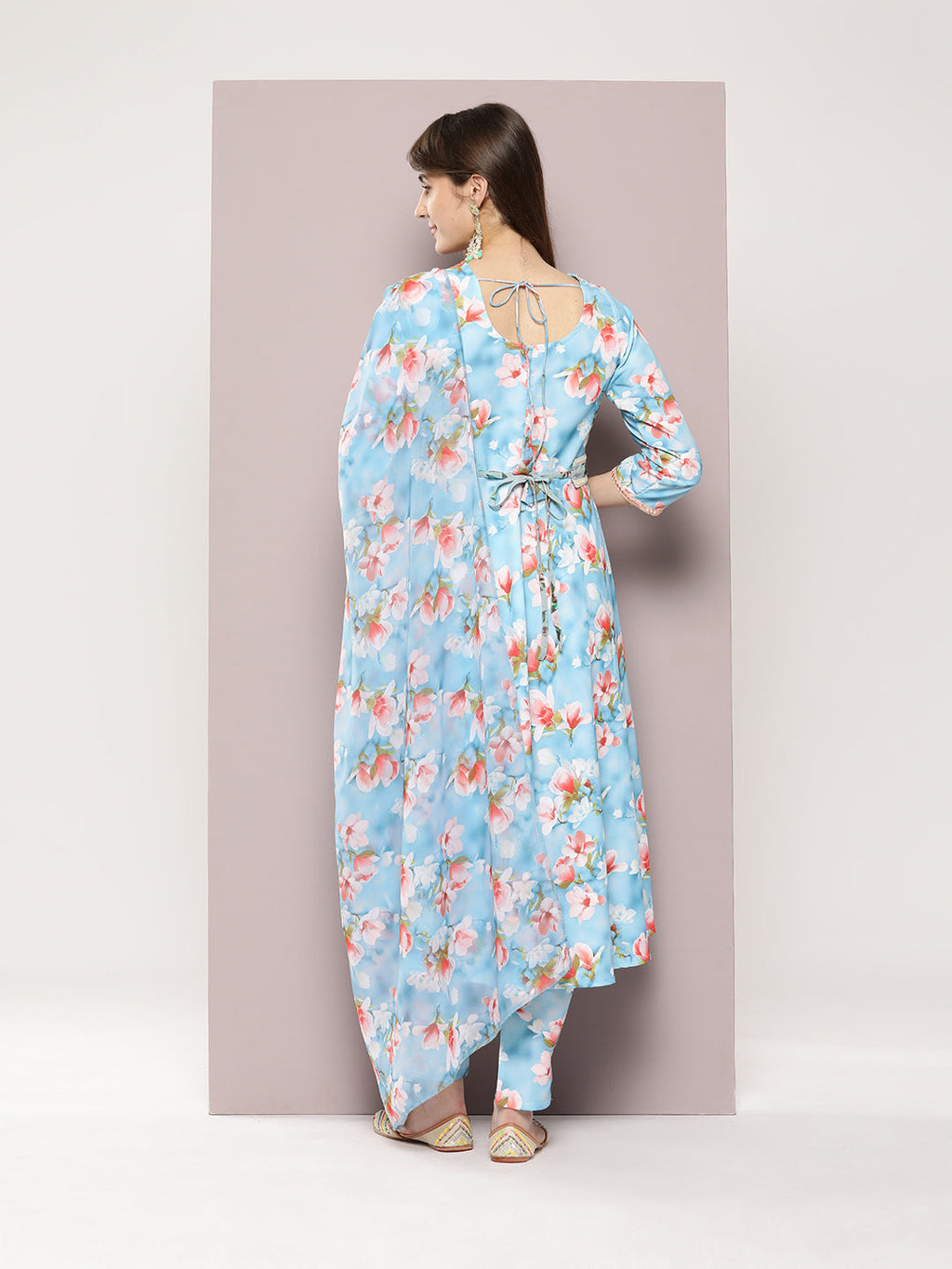 Jompers Women's Mirror work detailing, linen printed flared kurta with trousers and dupatta - Grey | Grocsy