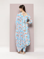 Jompers Women's Mirror work detailing, linen printed flared kurta with trousers and dupatta - Grey | Grocsy
