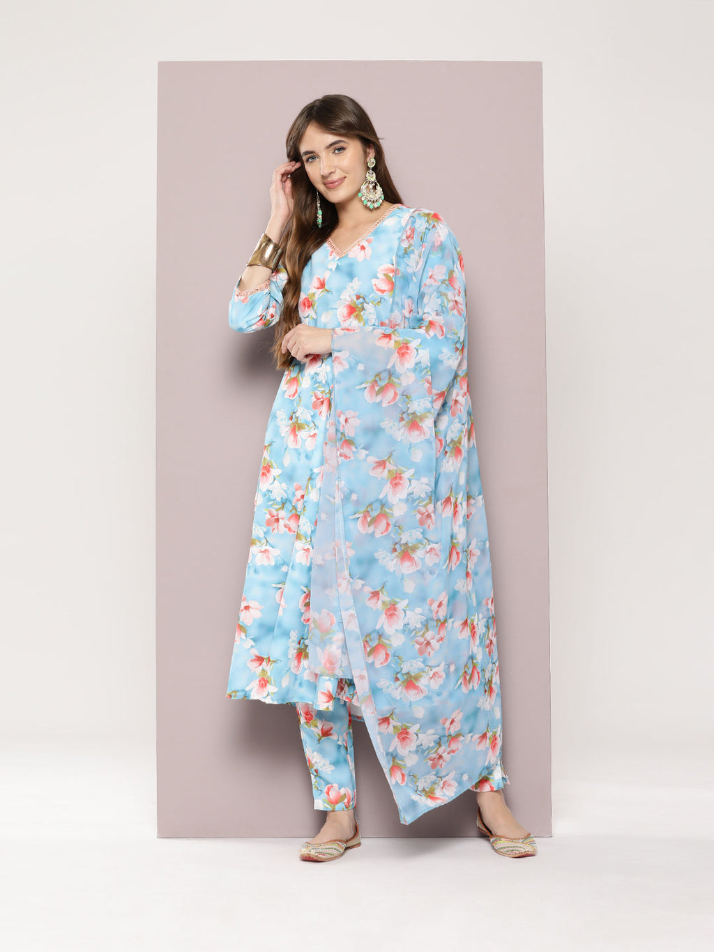 Jompers Women's Mirror work detailing, linen printed flared kurta with trousers and dupatta - Grey | Grocsy