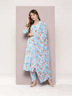 Jompers Women's Mirror work detailing, linen printed flared kurta with trousers and dupatta - Grey | Grocsy