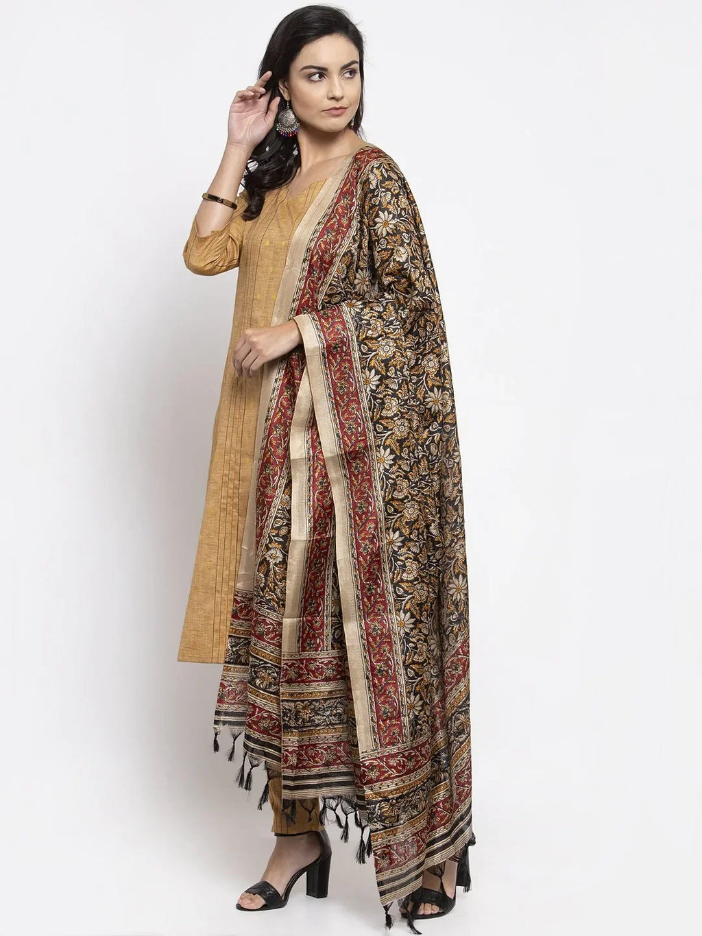Jompers Women's Beige & Black Striped Kurta with Trousers & Printed Dupatta | Grocsy