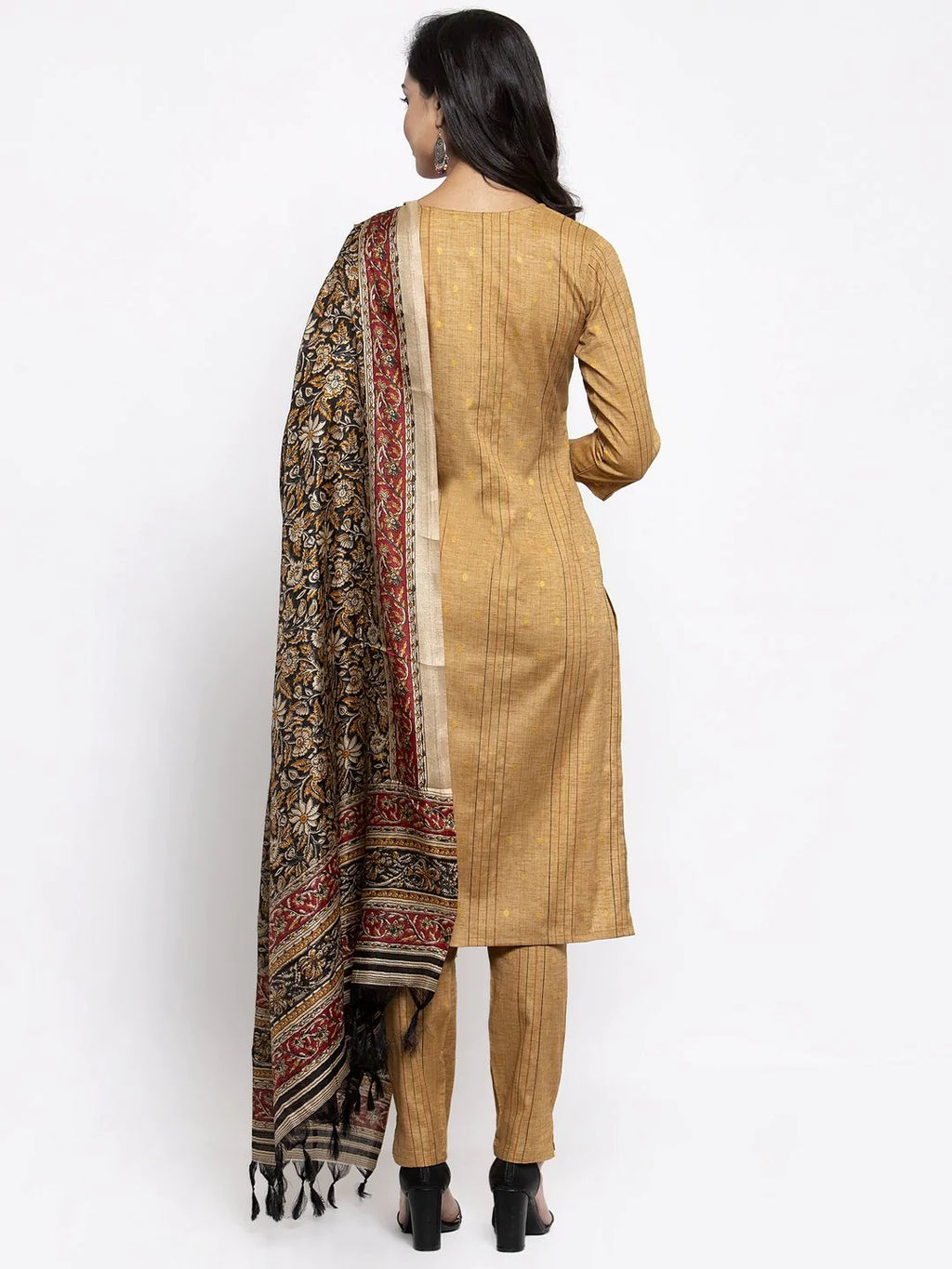 Jompers Women's Beige & Black Striped Kurta with Trousers & Printed Dupatta | Grocsy