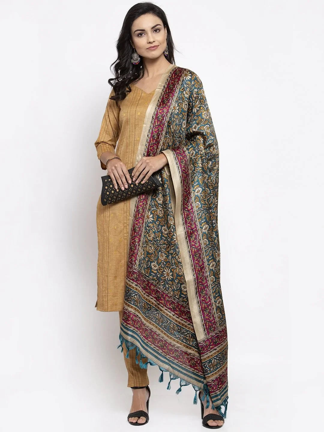 Jompers Women's Beige & Black Striped Kurta with Trousers & Green Printed Dupatta | Grocsy