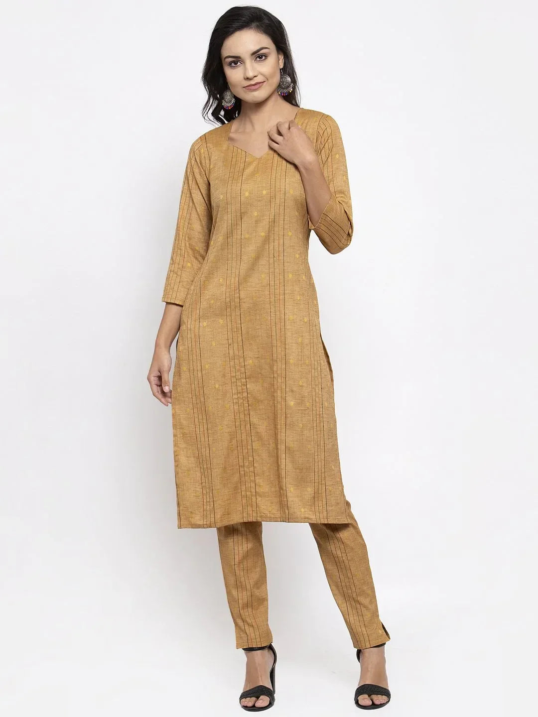 Jompers Women's Beige & Black Striped Kurta with Trousers & Green Printed Dupatta | Grocsy