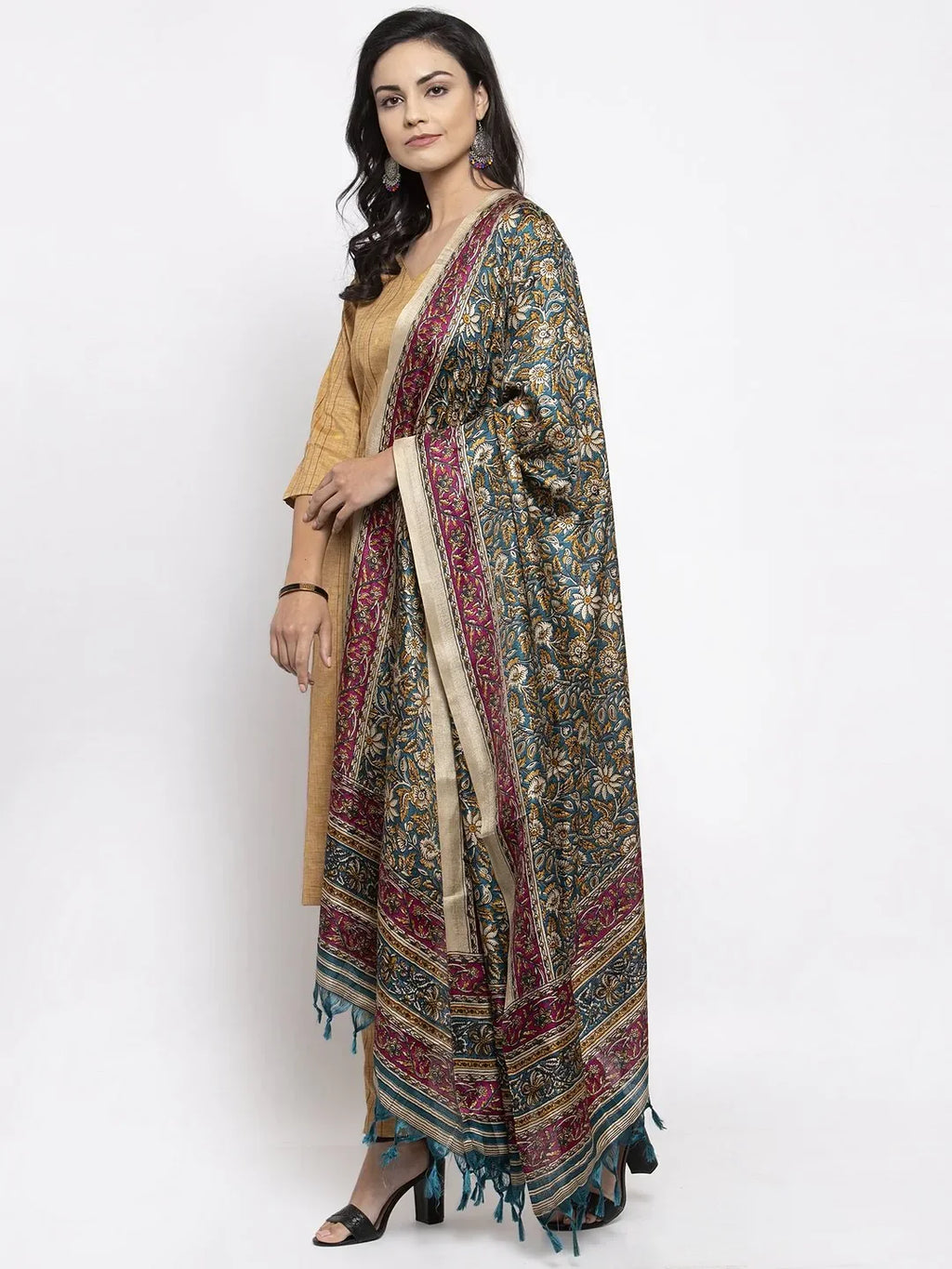 Jompers Women's Beige & Black Striped Kurta with Trousers & Green Printed Dupatta | Grocsy