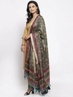 Jompers Women's Beige & Black Striped Kurta with Trousers & Green Printed Dupatta | Grocsy