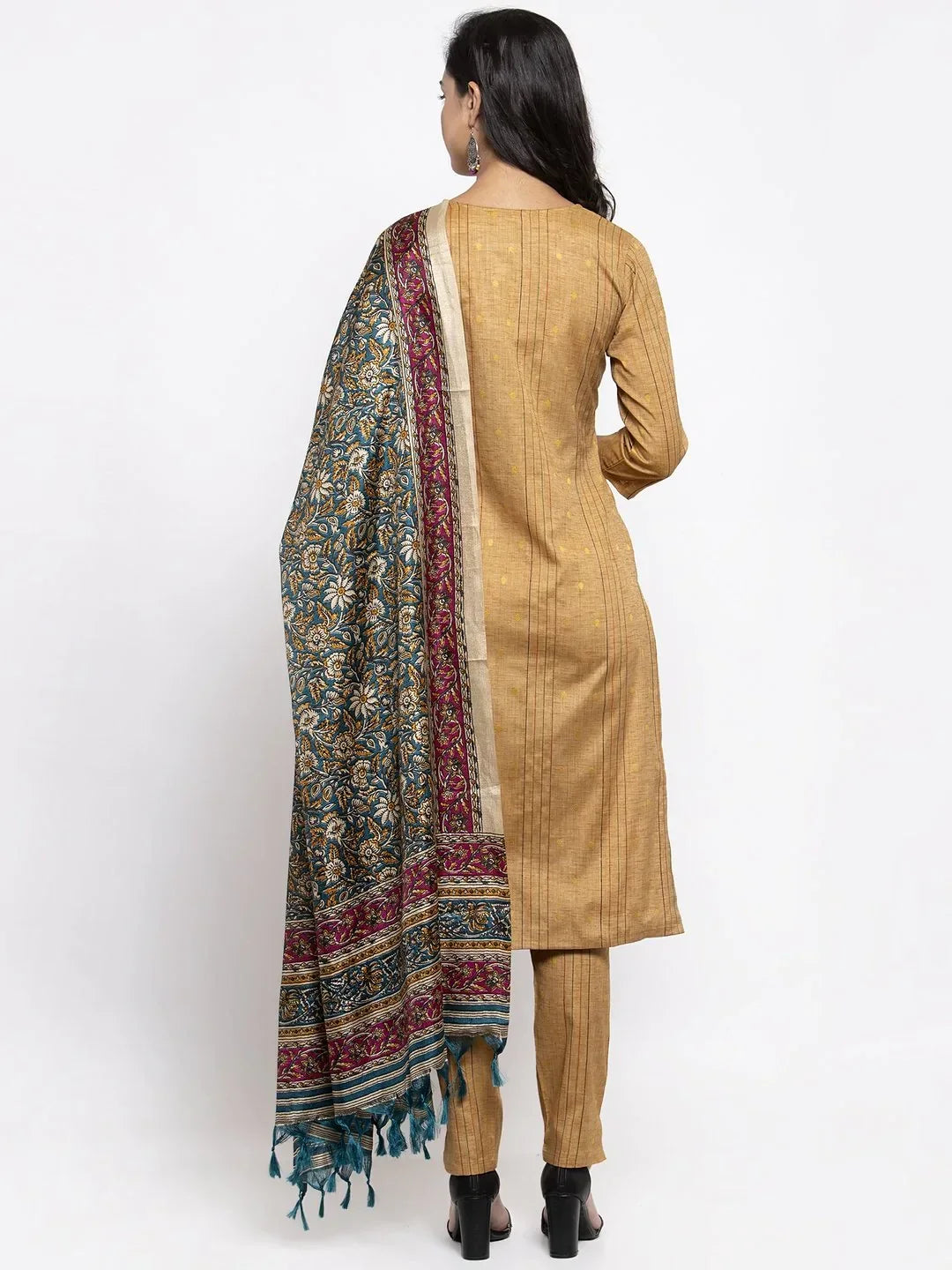Jompers Women's Beige & Black Striped Kurta with Trousers & Green Printed Dupatta | Grocsy