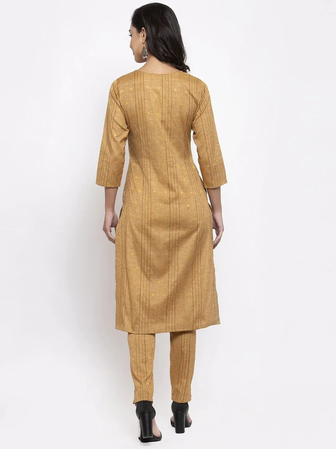 Jompers Women's Beige & Black Striped Kurta with Trousers & Green Printed Dupatta | Grocsy