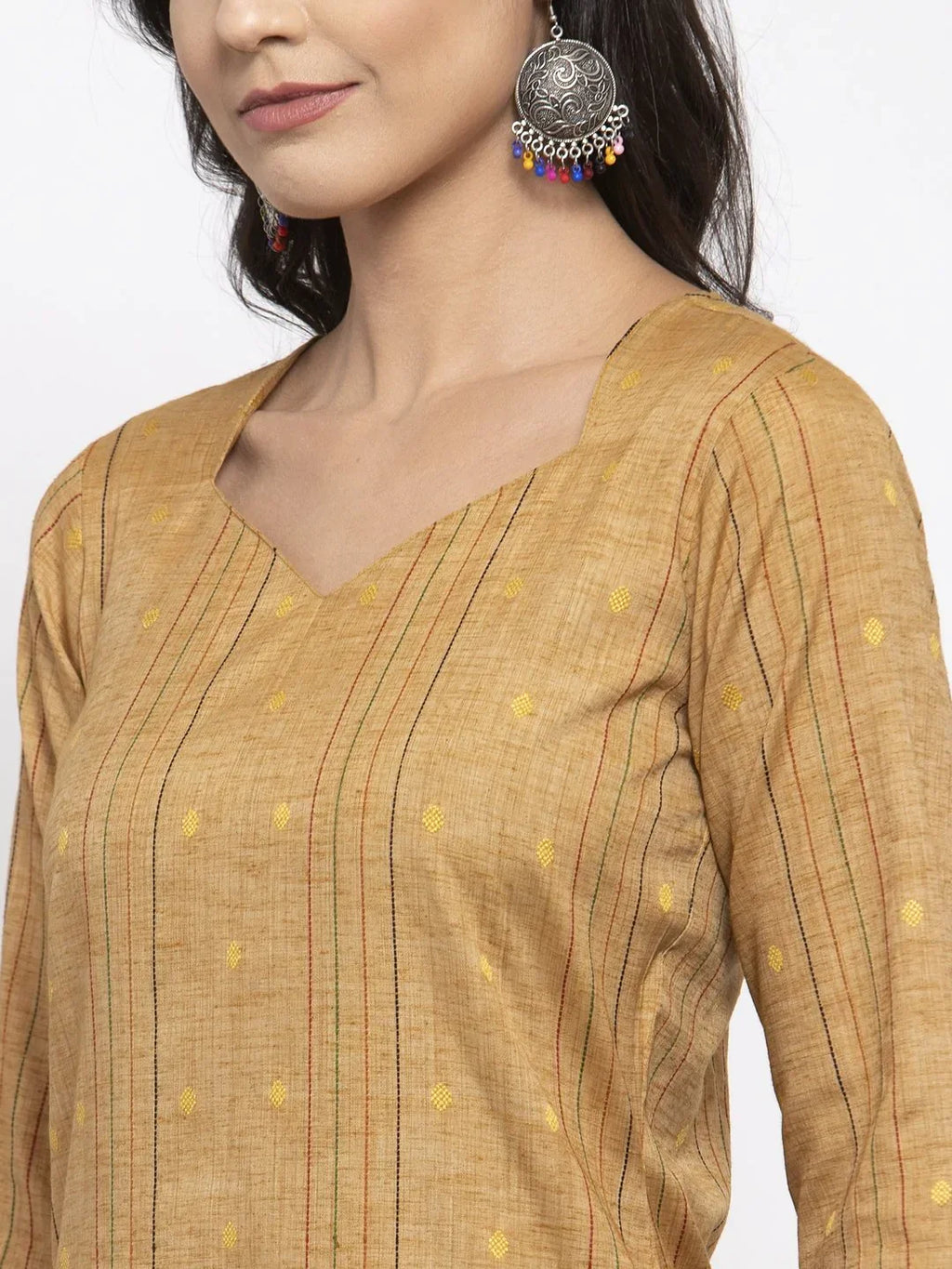Jompers Women's Beige & Black Striped Kurta with Trousers & Green Printed Dupatta | Grocsy