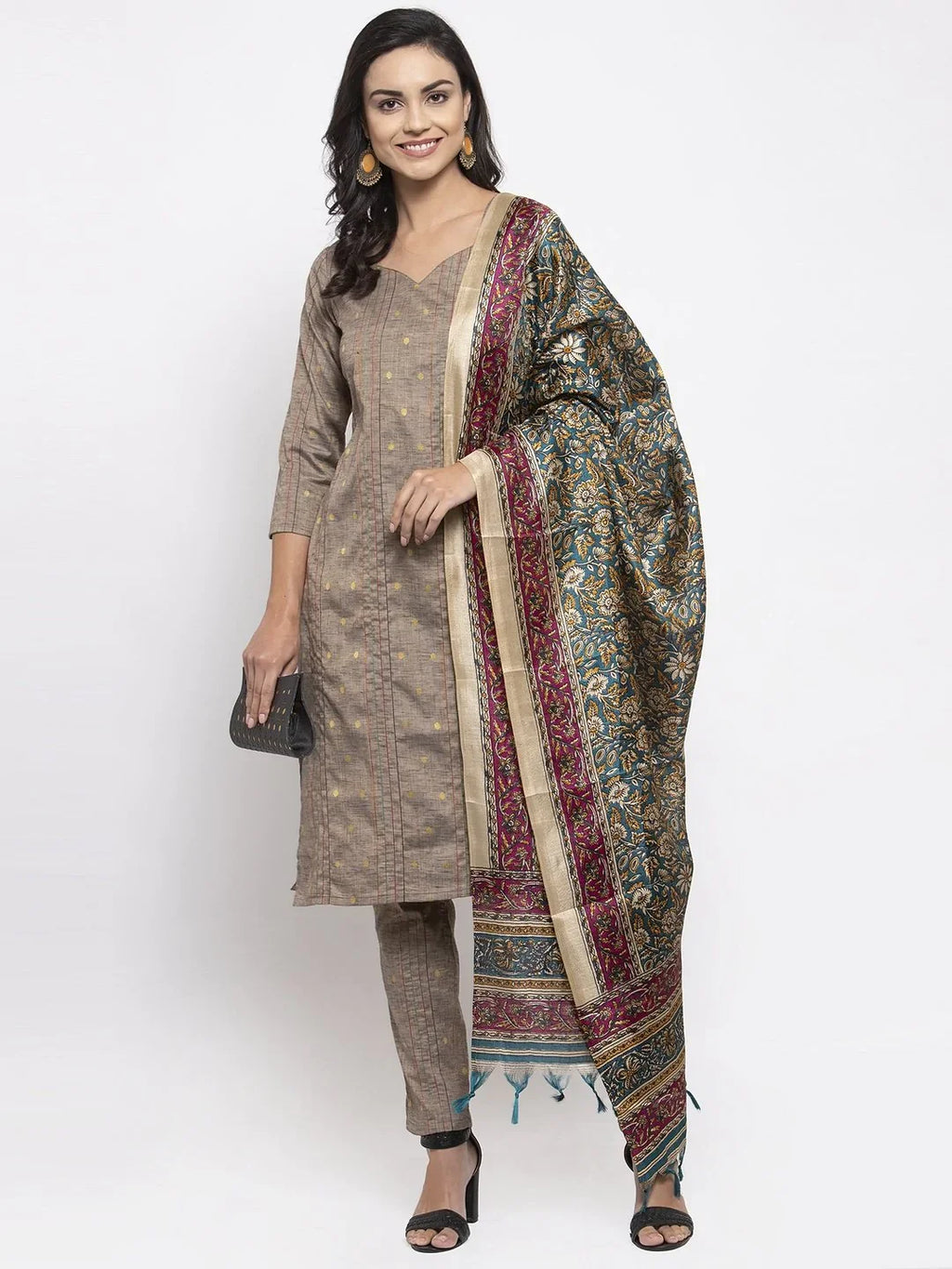 Jompers Women's Grey Striped Kurta with Trousers & Green Printed Dupatta | Grocsy
