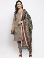 Jompers Women's Grey Striped Kurta with Trousers & Green Printed Dupatta | Grocsy