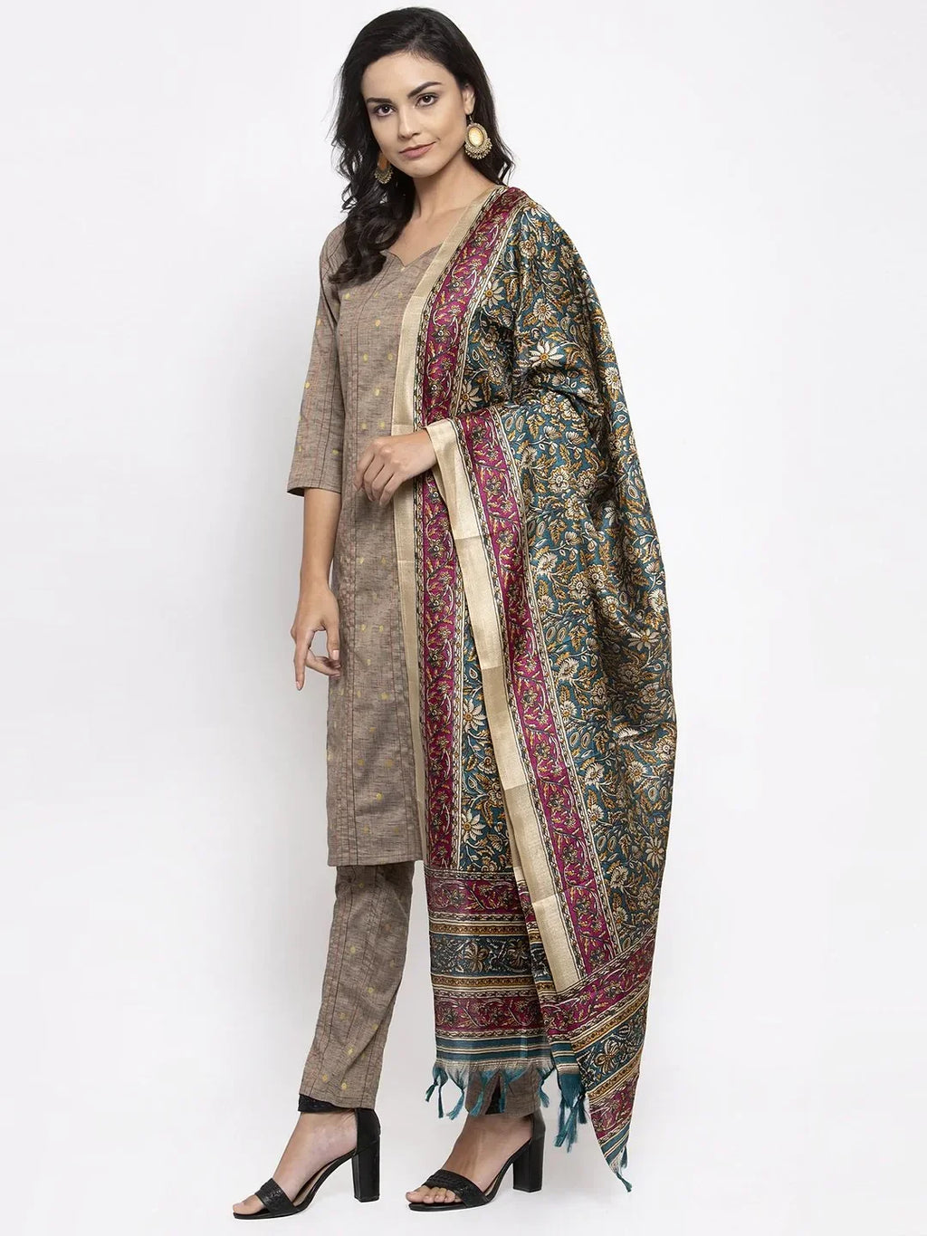 Jompers Women's Grey Striped Kurta with Trousers & Green Printed Dupatta | Grocsy