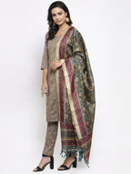 Jompers Women's Grey Striped Kurta with Trousers & Green Printed Dupatta | Grocsy