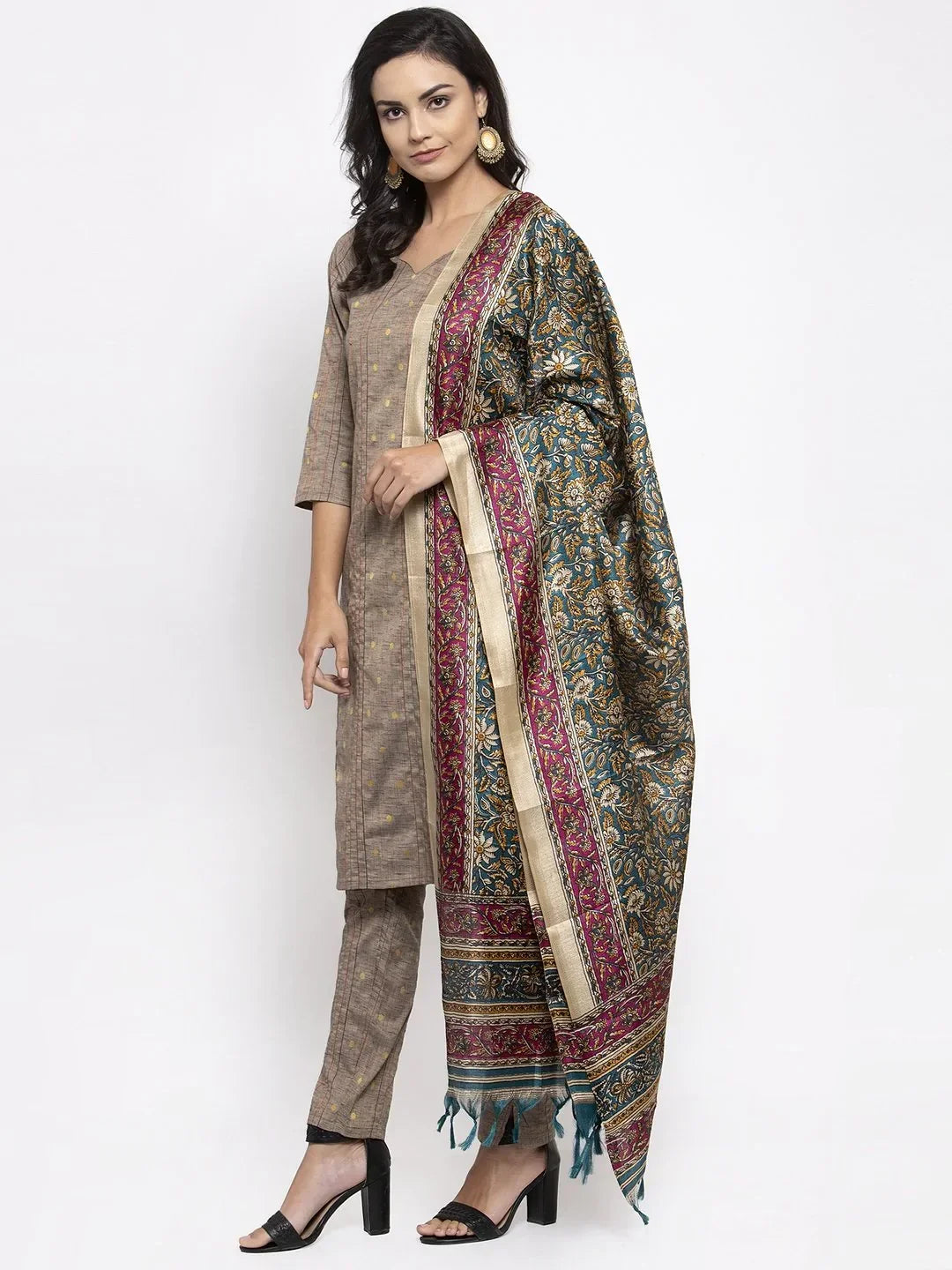 Jompers Women's Grey Striped Kurta with Trousers & Green Printed Dupatta | Grocsy