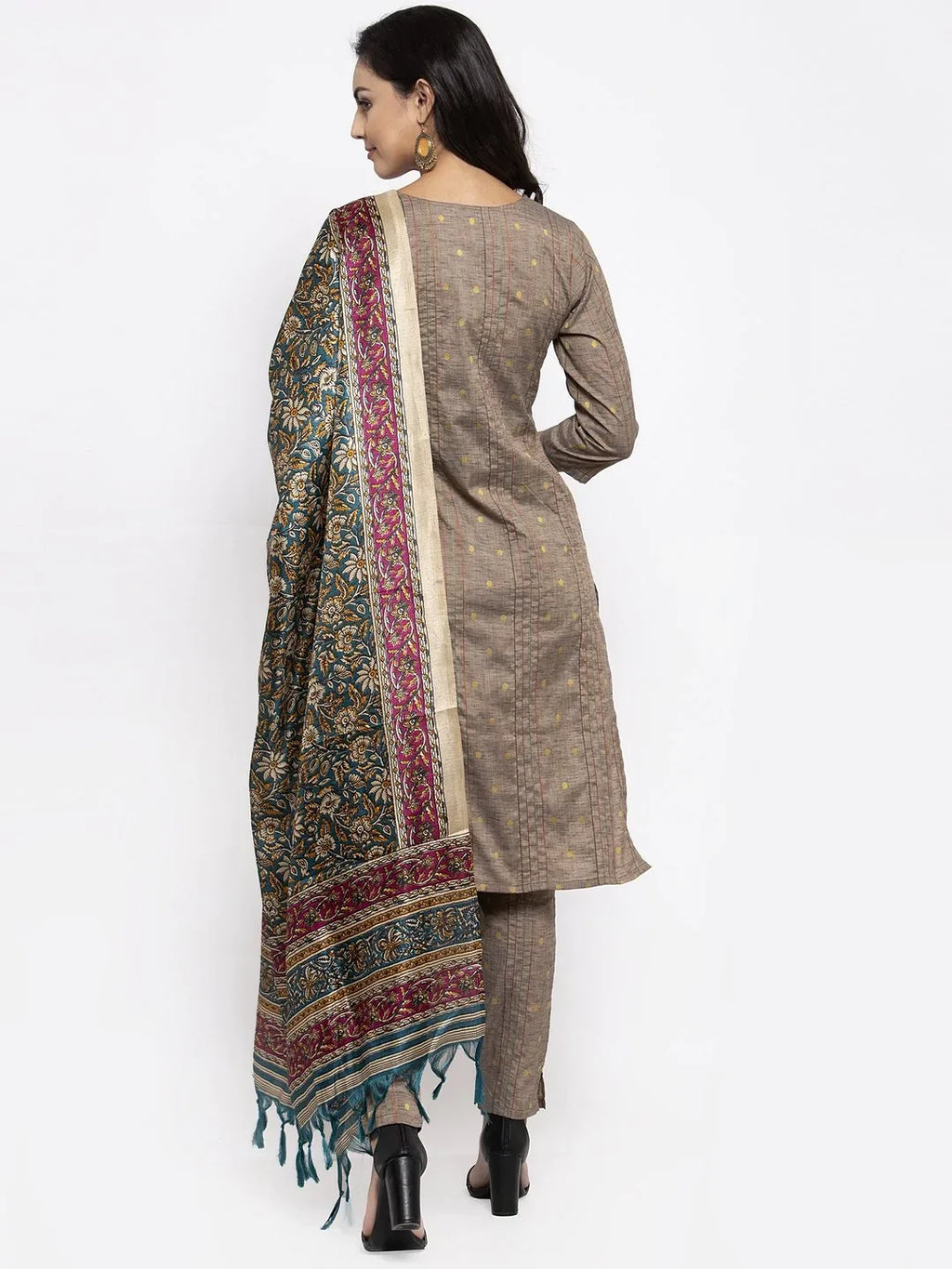 Jompers Women's Grey Striped Kurta with Trousers & Green Printed Dupatta | Grocsy