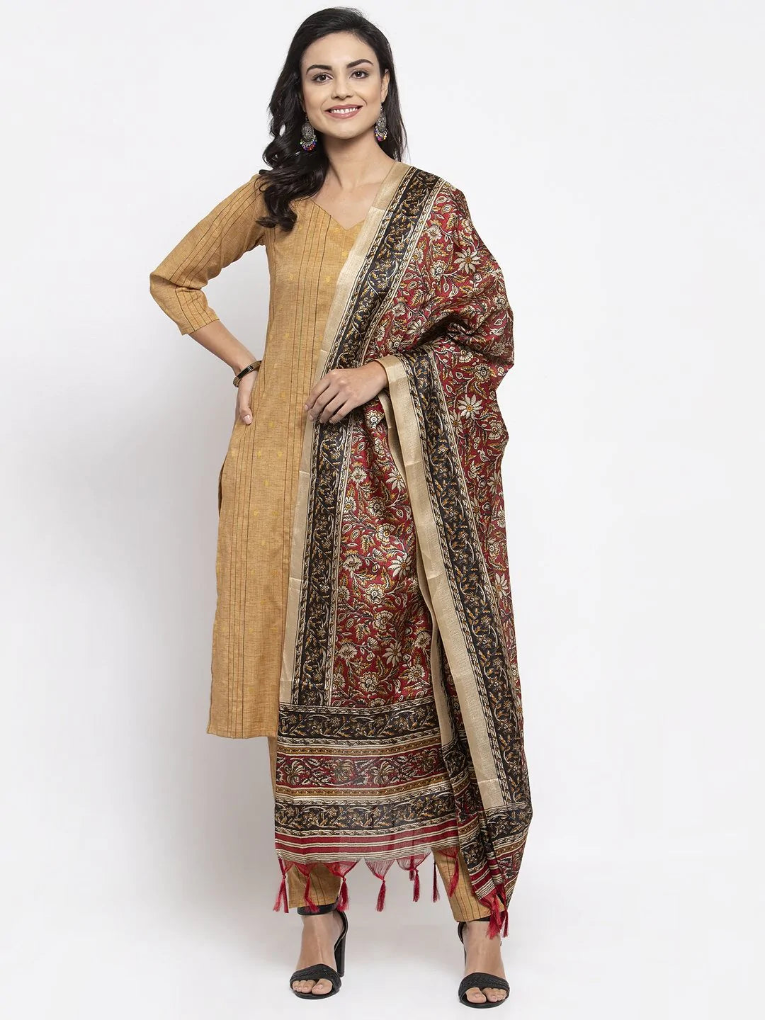 Jompers Women's Beige & Black Striped Kurta with Trousers & Red Printed Dupatta | Grocsy