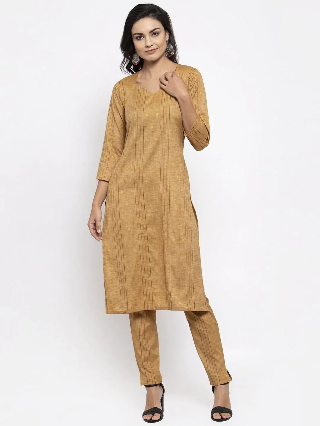 Jompers Women's Beige & Black Striped Kurta with Trousers & Red Printed Dupatta | Grocsy