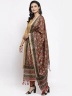 Jompers Women's Beige & Black Striped Kurta with Trousers & Red Printed Dupatta | Grocsy