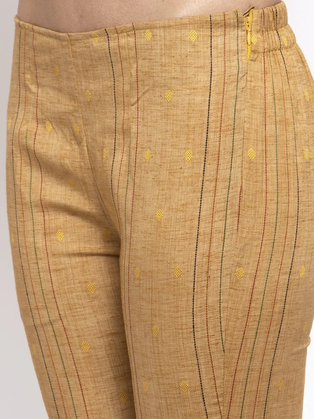 Jompers Women's Beige & Black Striped Kurta with Trousers & Red Printed Dupatta | Grocsy