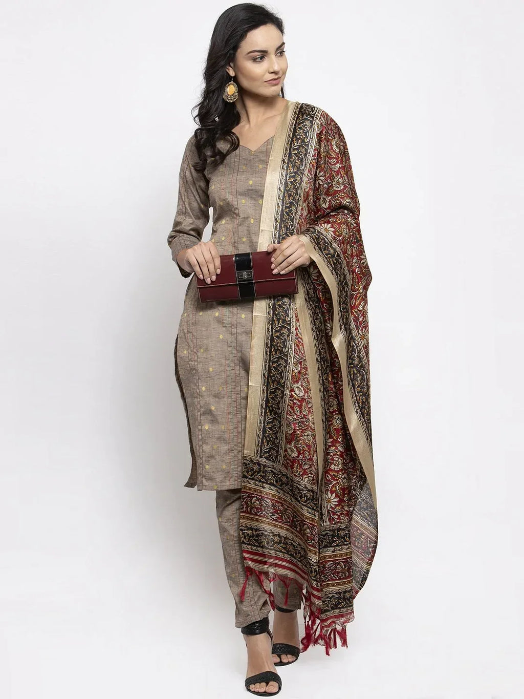 Jompers Women's Grey Striped Kurta with Trousers & Red Printed Dupatta | Grocsy