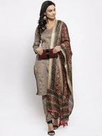 Jompers Women's Grey Striped Kurta with Trousers & Red Printed Dupatta | Grocsy