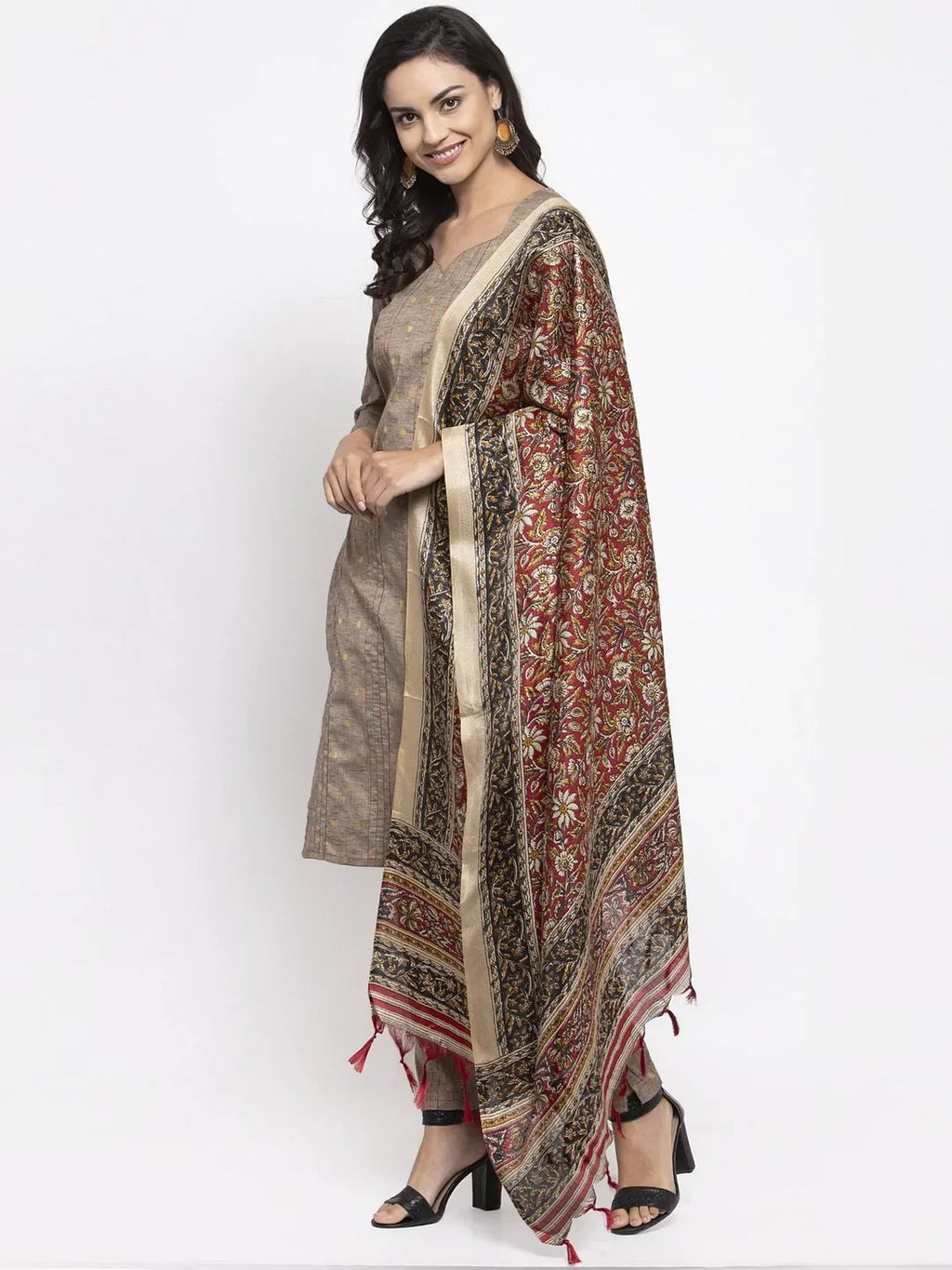Jompers Women's Grey Striped Kurta with Trousers & Red Printed Dupatta | Grocsy