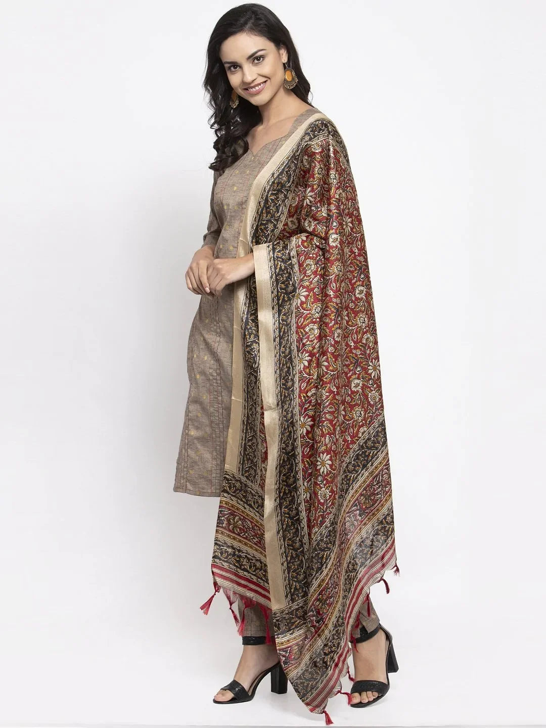 Jompers Women's Grey Striped Kurta with Trousers & Red Printed Dupatta | Grocsy