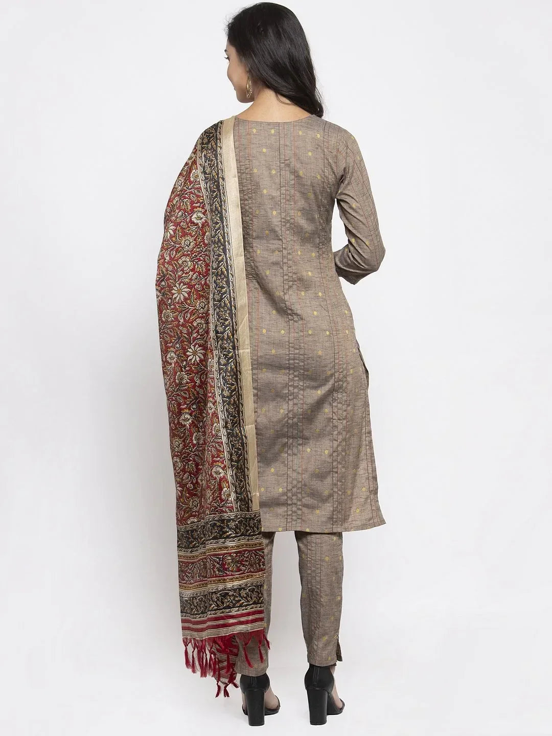 Jompers Women's Grey Striped Kurta with Trousers & Red Printed Dupatta | Grocsy