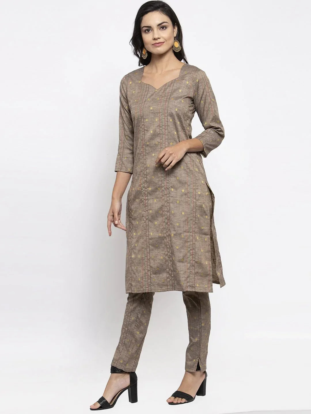 Jompers Women's Grey Striped Kurta with Trousers & Mustard Printed Dupatta | Grocsy