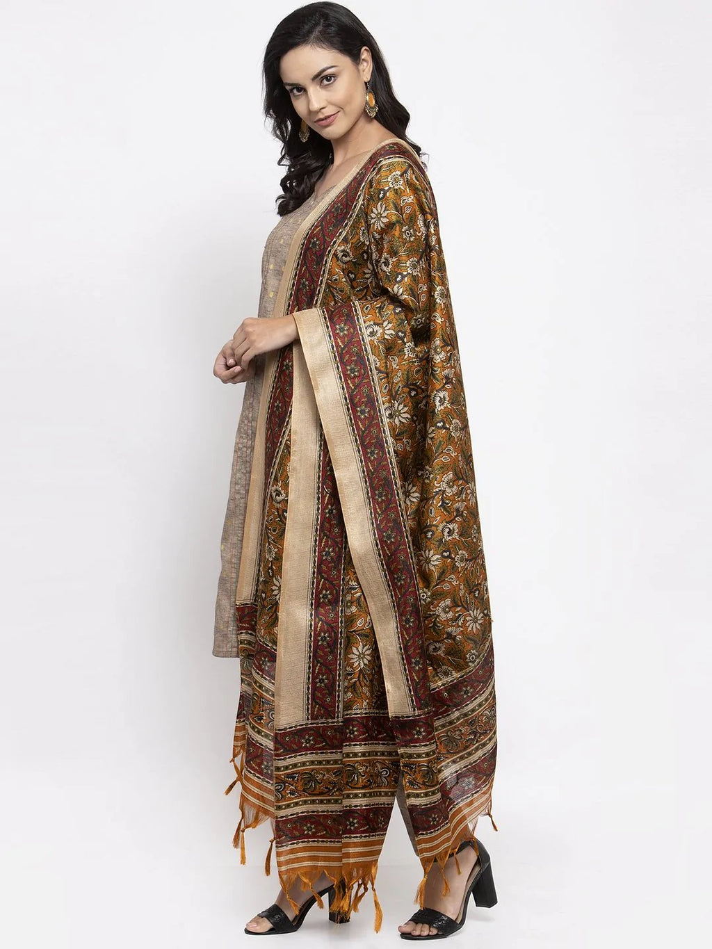 Jompers Women's Grey Striped Kurta with Trousers & Mustard Printed Dupatta | Grocsy
